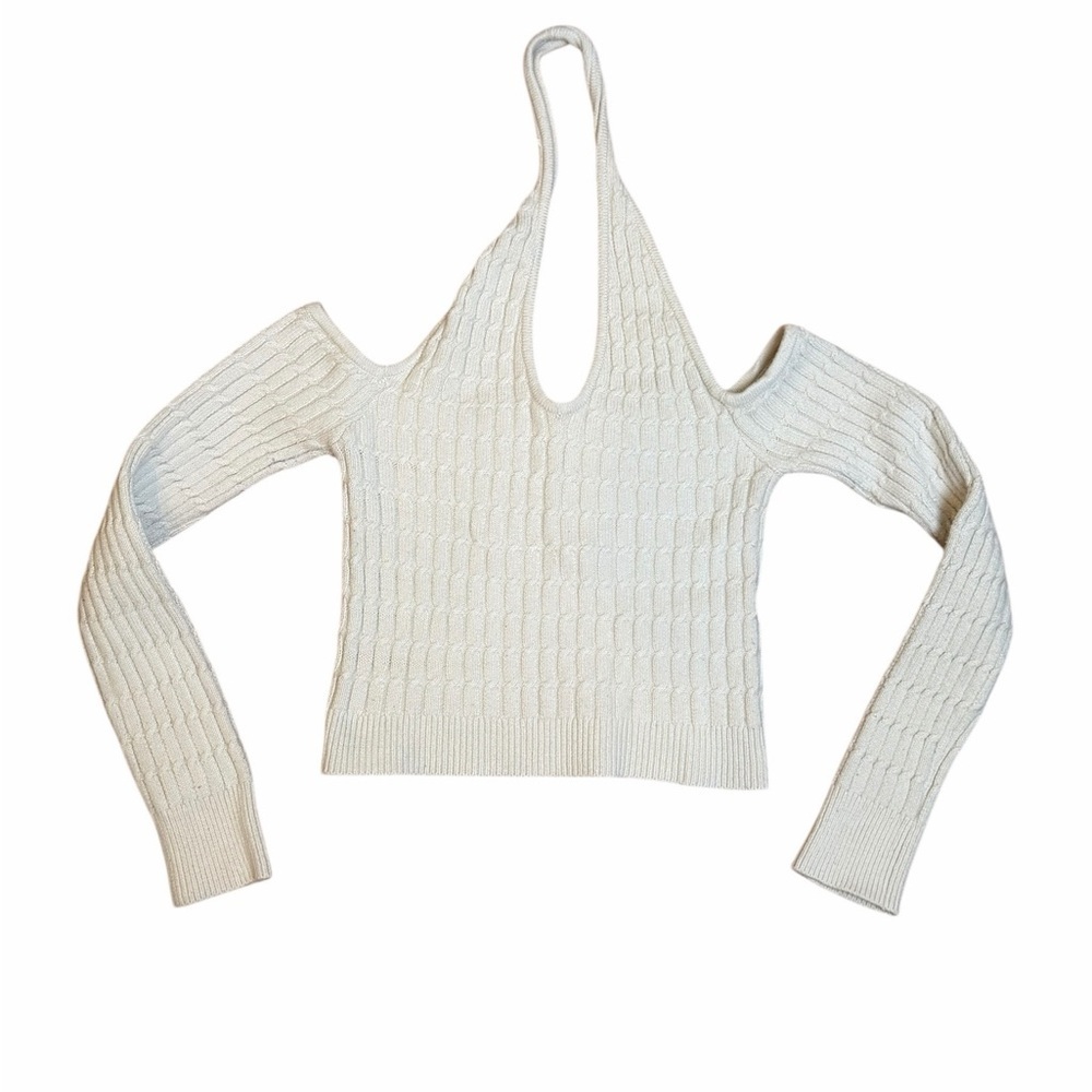 Abercrombie & Fitch Cable Knit Halter Sweater Cream Cold Shoulder Small - Picture 8 of 11